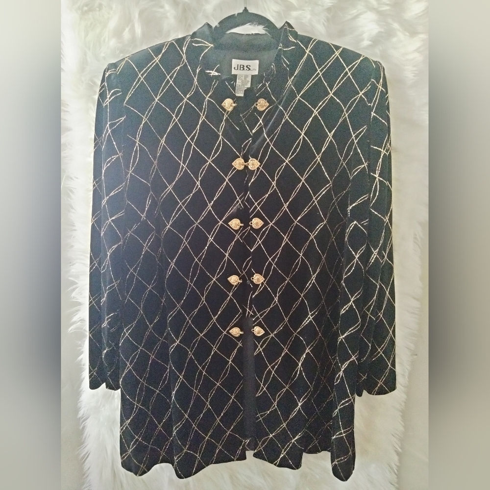 J.B.S. LTD Velvet Mandarin‑Style Jacket 16W Gold Lattice Buttons Vintage Glam